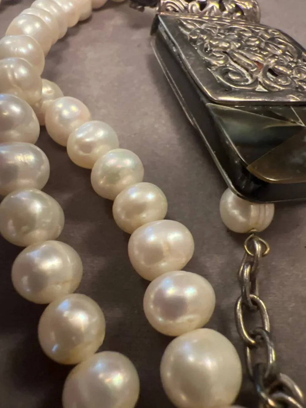 Handcrafted Pearl Necklace With Intricate abalone and Silver Pendant  Art Deco